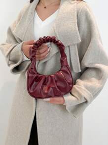 Mini Solid Color Pleated Cloud Shaped Vintage Handbag, Casual Tote Bag For Women, Autumn/Winter - Burgundy - View 4