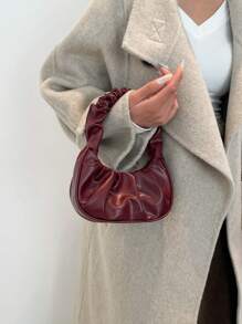 Mini Solid Color Pleated Cloud Shaped Vintage Handbag, Casual Tote Bag For Women, Autumn/Winter - Burgundy - View 3