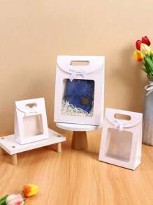 5pcs White Flap Bow Gift Bags With Window, Extra Small/Small/Medium/ Large/Extra Large Size, For Gifts, Weddings, Parties, Christmas, Birthdays, Baby Showers Valentine's Day - White - View 7