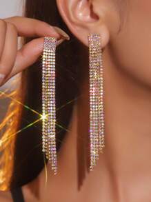 1 par de brincos longos de borla com strass de cristal de 4 camadas e vários fios, brincos pendurados de lustre de cristal brilhante, joias de festa da moda