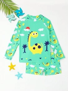 WD VEST Conjunto de Praia Masculino com Estampa Divertida de Dinossauro e Nuvens – Estilo e Conforto para o Verão! B3057 [2-3Y (1/2) 4Y(2/3) 5Y(3/4) 6Y(4/5)] - Verde - Visão 1