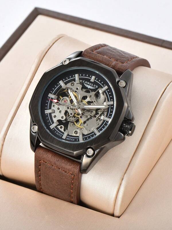 LONGLUX 1pc Men's Hollow Automatic Mechanical Waterproof Leather Band Watch, Casual Design