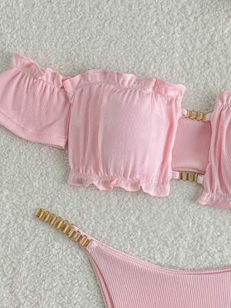 New Solid Color Fashionable Hollow Chain Bikini With Cute Ruffled Bandeau, Sexy Swimwear Set For Women, Summer Beach Wear