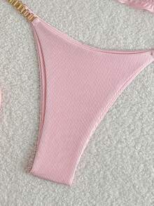 全新纯色时尚空心链比基尼搭配可爱荷叶边抹胸，性感女士泳装套装，夏季沙滩装 - 粉色 - 查看 4