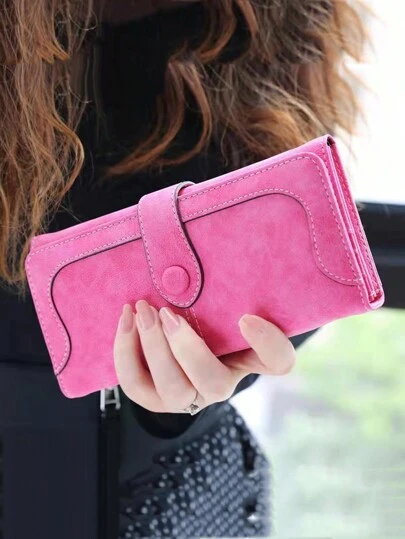 MIYIN Vintage Elegant Stitching Detail Button Decor Women's Wallet, Multi-Card Slots, Coin Pouch And ID Window, PU Leather Bifold Vintage Credit Card Holder, Large Capacity Zipper Clutch, Suitable For Daily Use, For Women, Office Ladies, Birthday Gift, Mother's Gift, Anniversary Gift, Teacher's Gift (Rose Red) Long Wallet