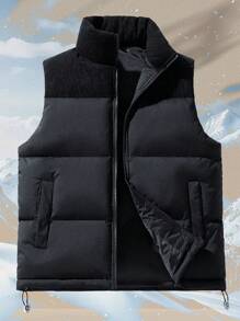 Men's Winter Warm Patchwork Design Sleeveless Vest, Business Casual Windproof Gilet - Black - View 2
