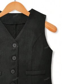 Women's Black & White Herringbone Thin Fabric Vest Jacket
