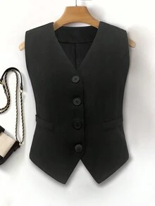 Women's Black & White Herringbone Thin Fabric Vest Jacket - Black - View 1
