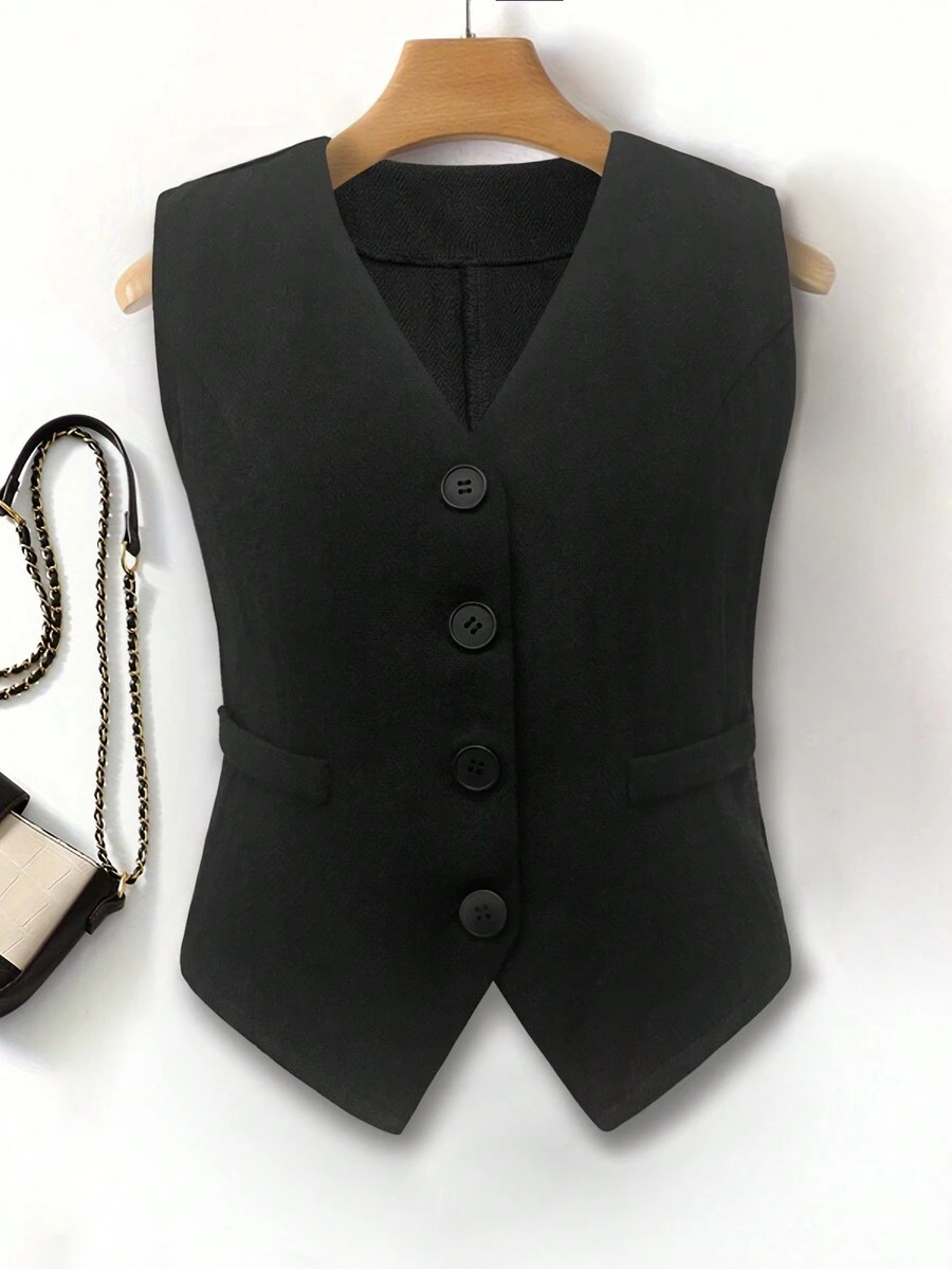 Women's Black & White Herringbone Thin Fabric Vest Jacket - Black - View 1