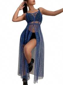 Women Cover Up Dress, Sleeveless Square Neck Beach Holiday Sequined Split Midi Beach Smock - Azul - Ver 2