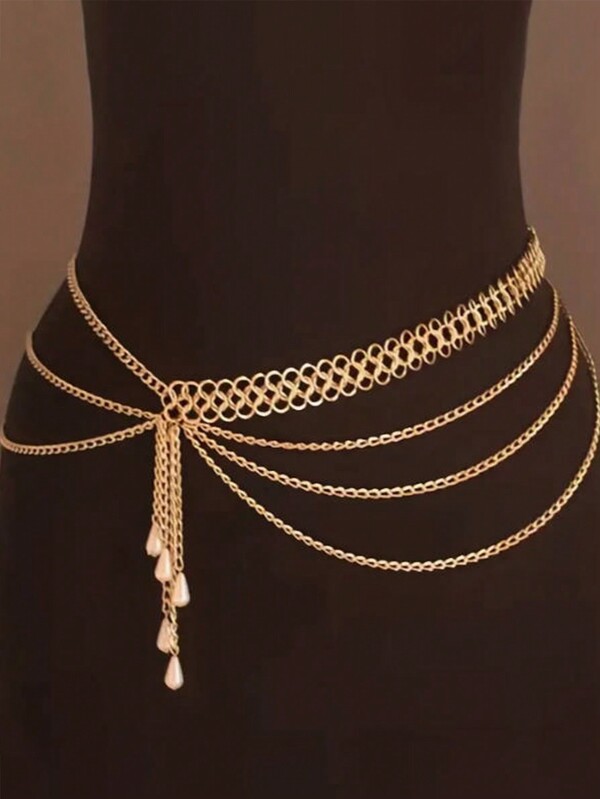 1pc Exaggerated Gold Sexy Party Body Chain, Multi-Layer Faux Pearl Tassel Waist Chain For Women, Gift For Girlfriend/Sister, Suitable For Birthday, Vacation, Party