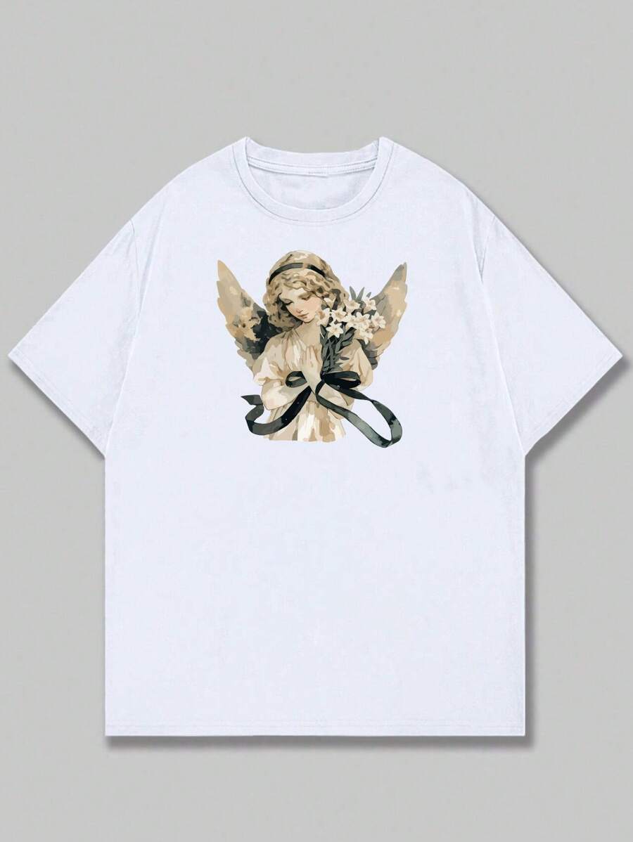 Men's T-Shirt Blouse Angel Girl With Flower Print Men's Fashion Casual Loose Versatile Sophisticated Modern Breathable Soft - trắng - Xem 1
