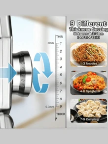 1 台面条机，180 铝合金面条滚筒，配有 9 种可调节厚度设置和 2 个切刀，面条机非常适合制作意大利面条、宽面条、千层面或饺子皮