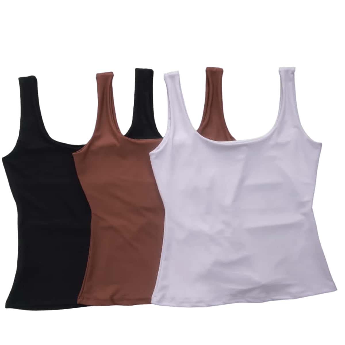 3 Women's Tank Tops With Thick Straps And Lining In Suplex Fabric With Elastane. - preto, branco e marrom - Xem 1