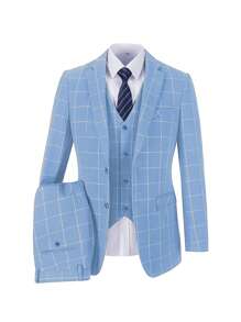 Furuyal Men's Suits Plaid Gentleman Single Breasted Slim Fit Party 3 Pieces Suit For Men Blazer Vest Pants Tie Set Holiday Wedding Business Prom Azure Size XS-3XL