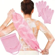 Bộ găng tay tắm bọt xốp hai lớp: 1 miếng chà lưng dài, 1 đôi găng tay tắm, màu hồng, polyester và dùng để tẩy tế bào chết cho cơ thể và mặt - Hồng - Xem 1