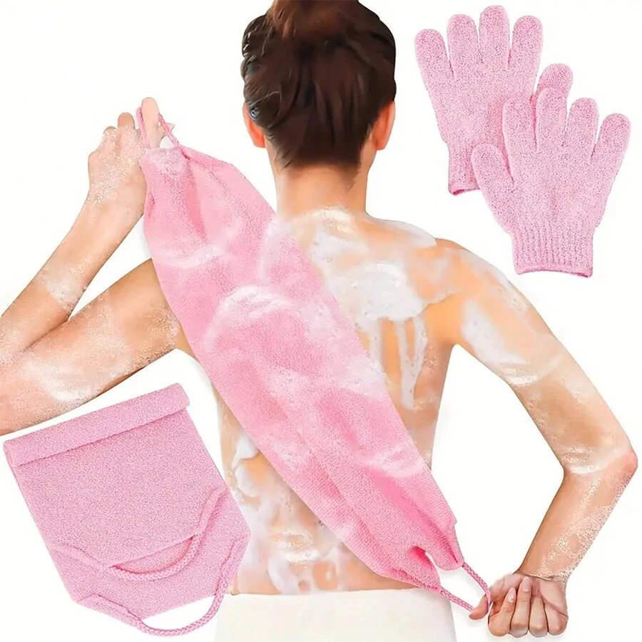 Bộ găng tay tắm bọt xốp hai lớp: 1 miếng chà lưng dài, 1 đôi găng tay tắm, màu hồng, polyester và dùng để tẩy tế bào chết cho cơ thể và mặt - Hồng - Xem 1