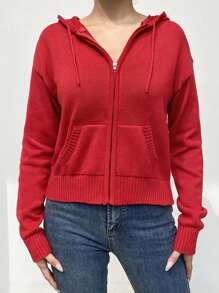 Womens Full Zip Knit Hoodies, Casual Solid Color Long Sleeve Drawstring Sweatshirts
