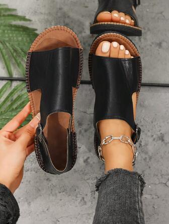 Women's Flat Sandals, Soft Insole, Rubber Soft Bottom, Soft & Comfortable, Hollow Open Toe Non-Slip Slippers, Thick Sole Outdoor & Indoor Slippers, Available In Brown, Coffee, White, Grey, Black