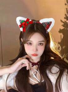 1pc Christmas Element Fabric Plaid Bow 3D Ear Headband, Casual Cute For Women Holiday Hairstyle Accessory Hair Hoop ,Hairband For Women - Multicolor - View 1