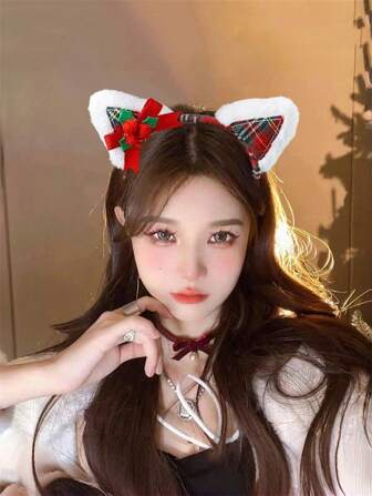 1pc Christmas Element Fabric Plaid Bow 3D Ear Headband, Casual Cute For Women Holiday Hairstyle Accessory Hair Hoop ,Hairband For Women