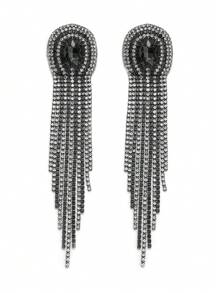 زوج من الأقراط الفاخرة الكبيرة المزينة بالكريستال الأسود ذات الطبقات المتعددة والماس، ديكور ألماس أبيض وأسود أنيق ملائم للحفلات الراقية والاستخدام اليومي