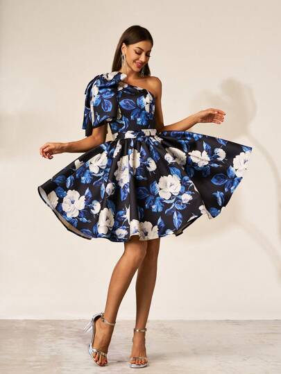 Vestido de Formatura Anymoon com Estampa Floral Elegante, Babado na Cintura e Barra, Vestido Semiformal, para Festa de Aniversário, Casamento, Formatura, Festa de Boas-Vindas