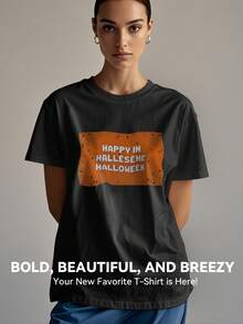 Women's Print Short Sleeve T-Shirt, Black & White Shirt, 180gsm Shirt, Crew Neck Short Sleeve T-Shirt, Breathable & Comfortable Casual Sports Fitness Tee, Casual Vintage Style, Suitable For Summer, Beach Holiday Crew Neck Short Sleeve Casual T-Shirt, Summer Tee