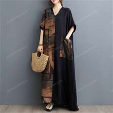 Tops, 2025 Summer New V-Neck Loose Short Sleeve Color Matching Dress, Women's Plus-Size Casual Holiday Everyday Dress