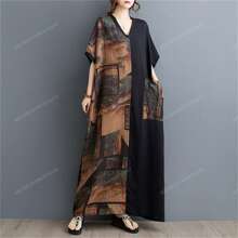Tops, 2025 Summer New V-Neck Loose Short Sleeve Color Matching Dress, Women's Plus-Size Casual Holiday Everyday Dress