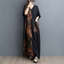 Tops, 2025 Summer New V-Neck Loose Short Sleeve Color Matching Dress, Women's Plus-Size Casual Holiday Everyday Dress - Black - View 4