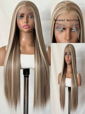 13x4 Lace Front Wig, Synthetic Lace Front Wig With Brown Ombre Golden Color, Long Straight Transparent Lace Wig, 26 Inches, Honey Brown Wig With Golden Highlights