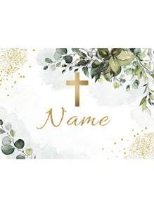 1 pieza Decoración personalizable de corona de flores con hojas verdes, telón de fondo personalizado con nombre para fiesta de cumpleaños, decoración colgante de bautizo, primera comunión y bautizo con cáliz y brillo dorado para estudio fotográfico
