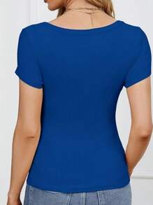 OUTBALL Women's Summer Scoop Neck Short Sleeve Ribbed Knit Slim Fitted Casual Basic TopT-Shirts - Royal Blue - View 2
