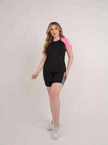 Dry-Fit T-Shirt - Women's Raglan T-Shirt For Gym And Training Plus Size - Màu Hồng Tươi - Xem 2