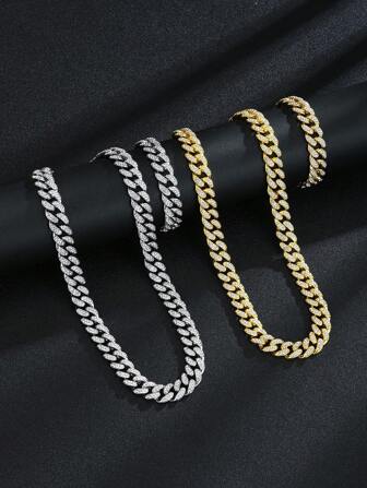 1pc Euro-American Popular Fully Studded Hip Hop Street Style Zinc Alloy Necklace, Bracelet, Anklet, Unisex Chain Necklace