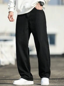 1 pièce Jeans décontractés vintage lavés à coupe droite ample pour hommes, coupe slim - Noir - Voir 1