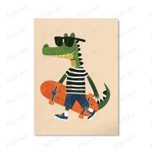 1pc Frameless Funny Animal Poster, Featuring Rabbit, Dog, Bear, Cat, Skateboard Patterns, Canvas Material, Neutral Tones, Suitable For Nursery Decor, Animal Theme - Multicolor - View 15