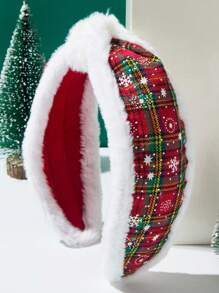 1 件红色网格面料圣诞元素蝴蝶结头带，带宽雪花图案装饰，适合女士和女士参加圣诞派对，优雅甜美的节日发饰发箍 - 紅綠 - 查看 2