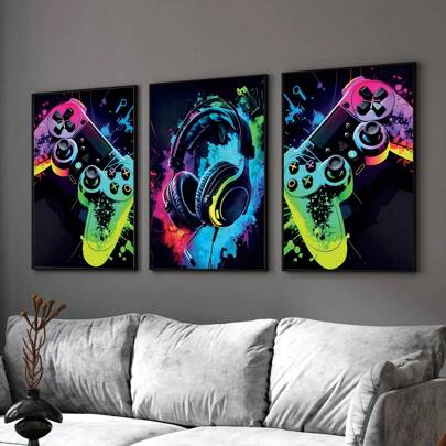 3 Stücke/Set Spielleinwand Poster Spielwand Kunst Malerei Muster, Geschenk für Gamer, Junge Teenager Zimmer Schlafzimmer Dorm Heimdekoration, buntes Gamer Kopfhörer Wandkunst, Leinwandmalerei, ideal für Schlafzimmer Wohnzimmer Flur, Ohne Rahmen