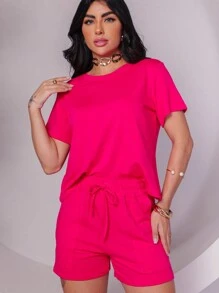 Women's Set In Fleece Fabric Comprising Shorts And Short Sleeve Cropped Top - 玫紅色 - View 2