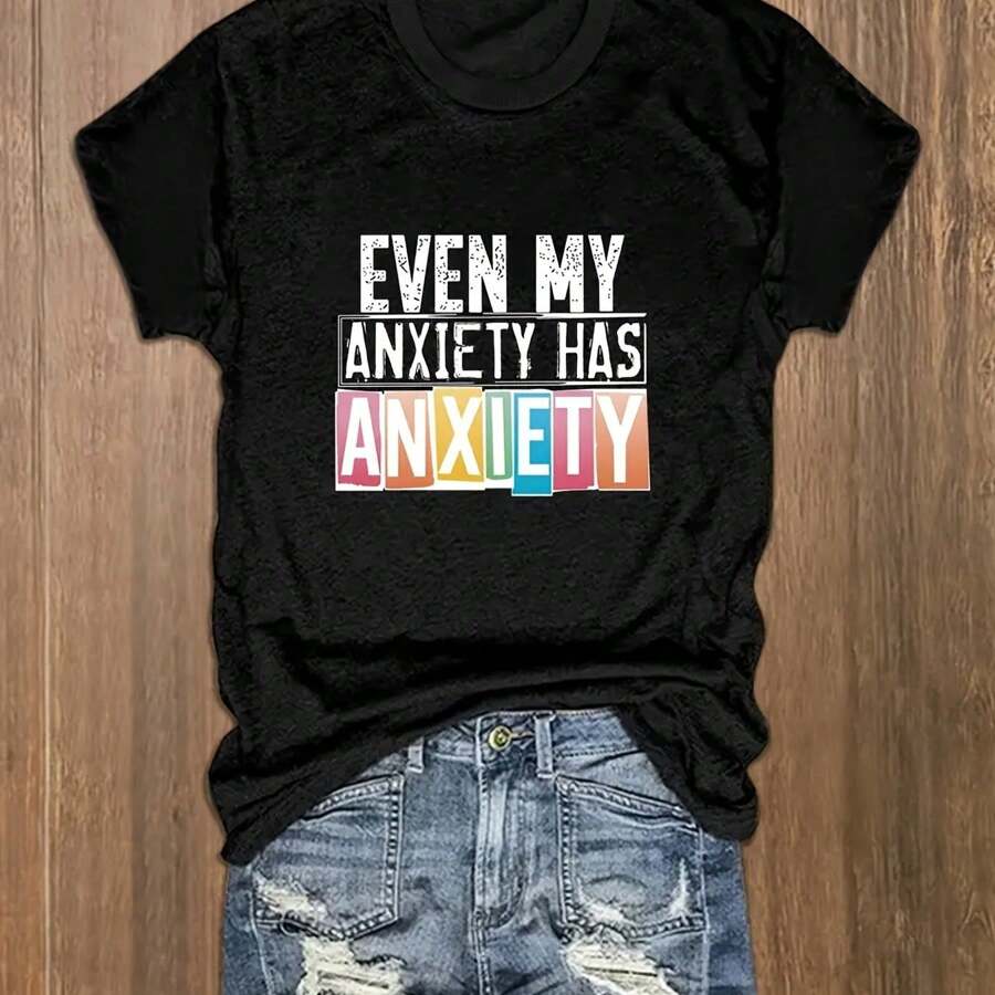 Plus Size Women's Casual T-Shirt Anxiety Round Neck 1/4 Short Sleeve T-Shirt - màu đen - Xem 1