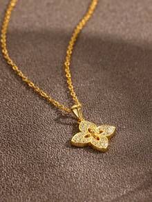 1 件时尚简约 925 纯银方晶锆石四叶草吊坠项链，适合日常佩戴、约会、派对、情人节、母亲节、珠宝礼物 - 金色 - 查看 2