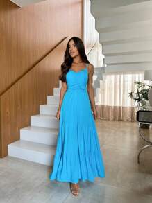 Women's Long Plain Dress With Thin Straps And Ruched Detail With Elastic - Màu xanh lam - Xem 4