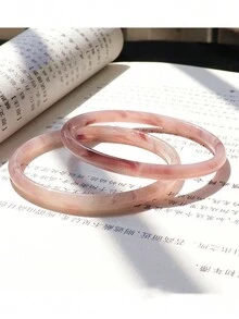 1 对女士半透明玉手镯，天然粉玉配饰适合汉服、复古风格，适合所有季节、送礼、聚会、旅行装 - 彩色 - 查看 3