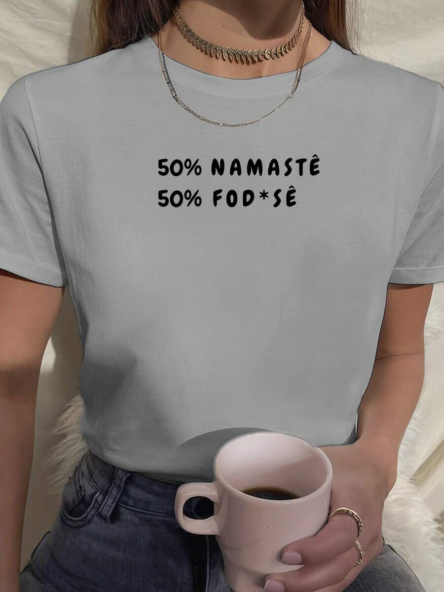 Women's Baby Look T-Shirt Printed Phrase 50% Namaste 50%  You Funny Tumblr Various Colors 100% Cotton - 灰色 - 查看 1