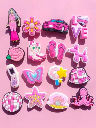 16 PCS Fashion Pink Accessories Flowers Balloons Dogs Butterflies Starfish And Octopus Pink Shoe Charms For Women, Fashion Shoe Charms Decoration For Teens Kids Adults, Cute Kawaii Pink Charms Shoe Accessories Bracelet Wristband Party Favors
