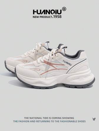 HUANQIU 2025新款女鞋 女士运动鞋 厚底运动鞋 网眼透气小白鞋 百搭 轻便 舒适 系带 软底休闲鞋 跑步鞋 粉色 四季鞋