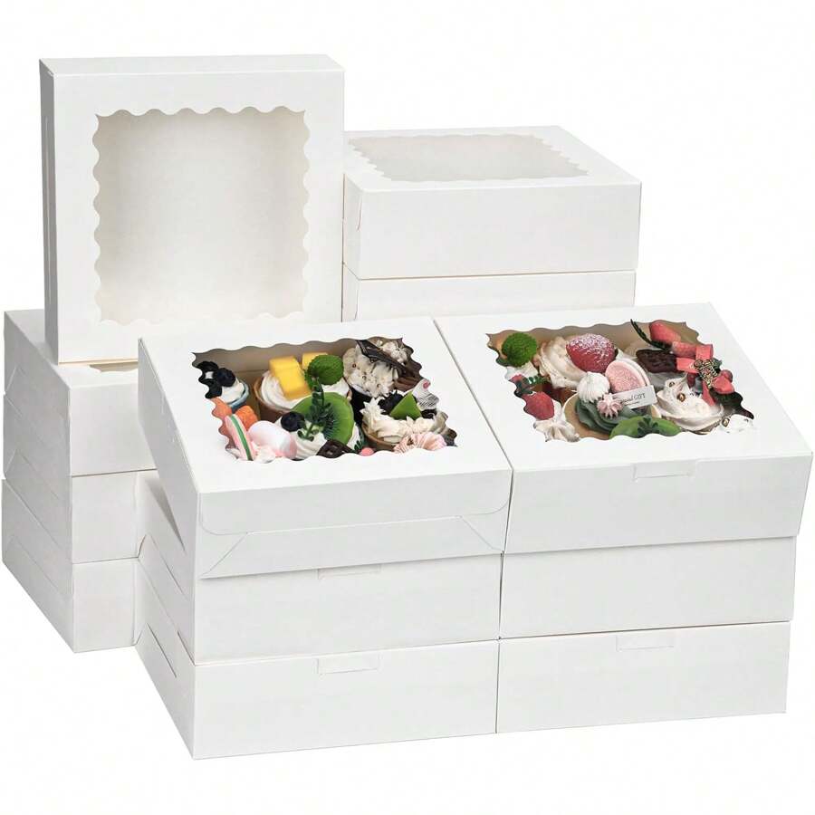 5/10/20/30件烘焙盒 6*6*3英寸 带窗口饼干盒 白色零食盒 派盒 糕点盒 适用于甜甜圈、巧克力草莓生日派对 - 白色 - 查看 1