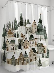 1pc Christmas Tree, House, Snowy Landscape & Pine Tree Digital Printing Mildew-Resistant Waterproof Shower Curtain, With 12 Plastic Hooks And Metal Grommets, Durable And Sturdy Bathroom Accessory